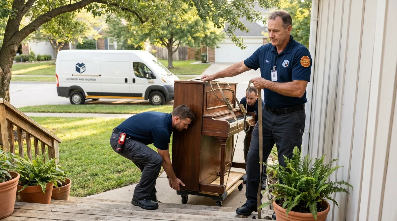 Licensed piano movers securing grand piano in Brownsville, PA