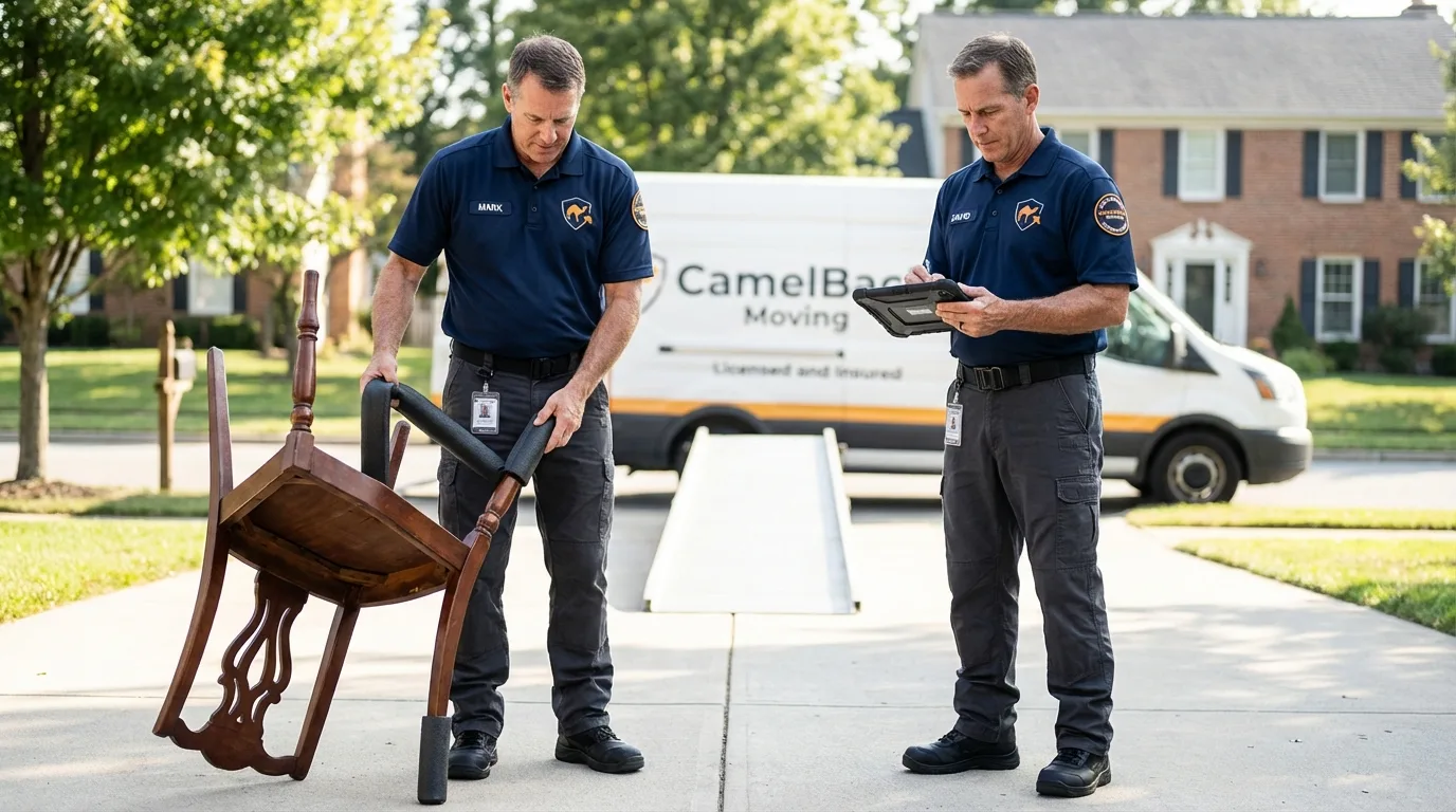 Movers inspecting furniture for damage prevention before loading in Brownsville, PA