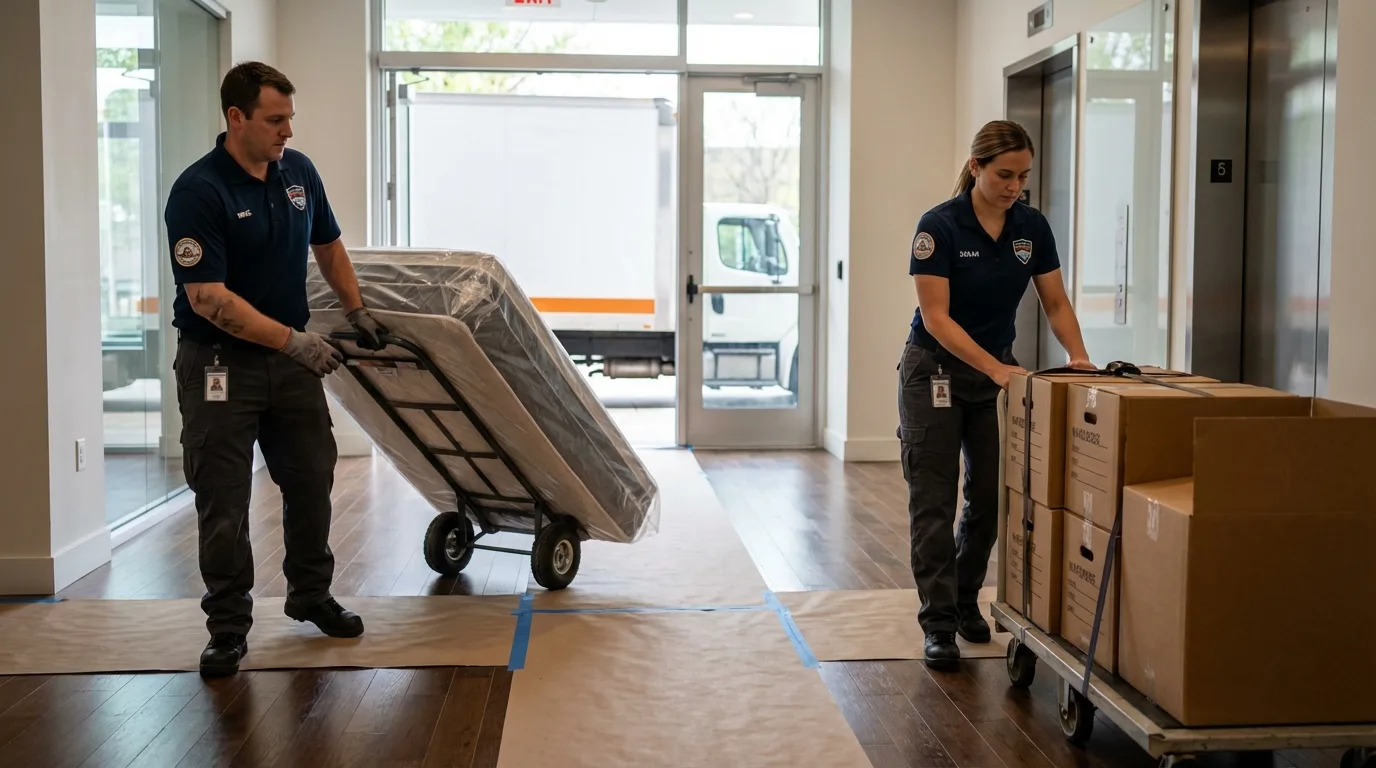 Professional apartment movers loading elevator in Brownsville, PA