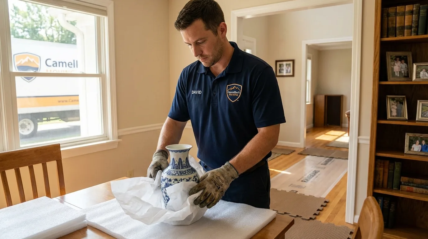 Professional crew carefully wrapping antique vase for senior downsizing move in Brownsville, PA