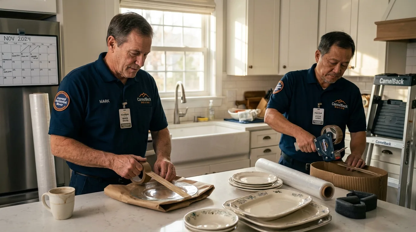 Professional crew packing kitchen dishware in Brownsville, PA